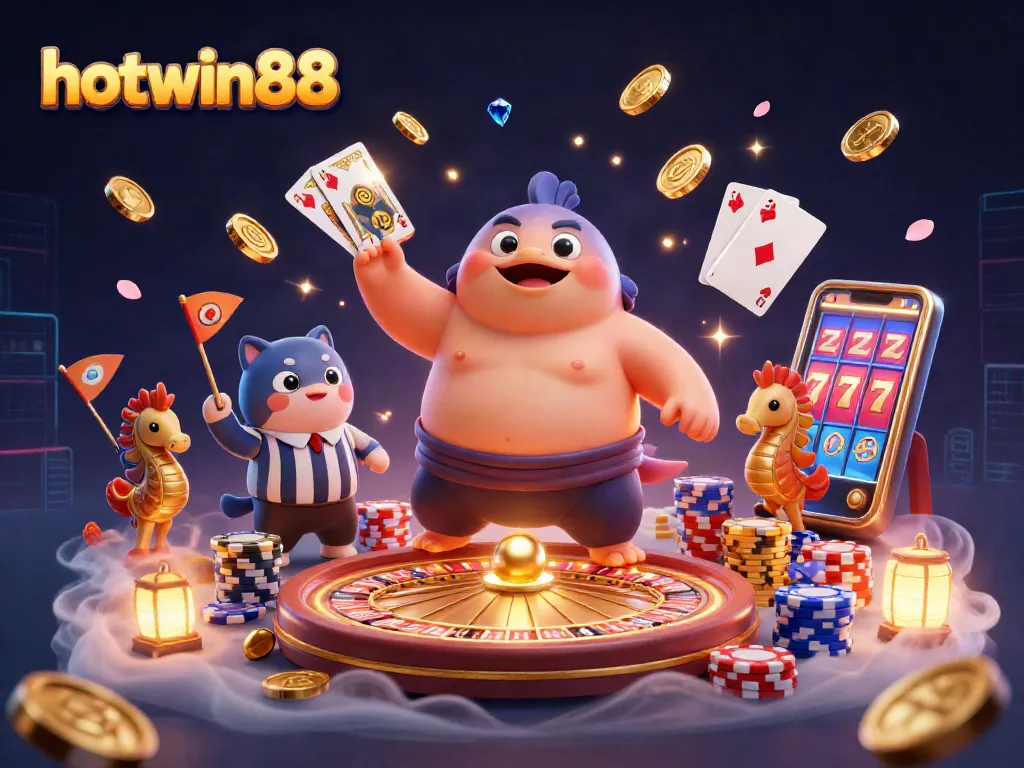 Experience the thrill of hotwin88 with a colorful underwater casino scene featuring a fugu, catfish referee, and sparkling game elements.