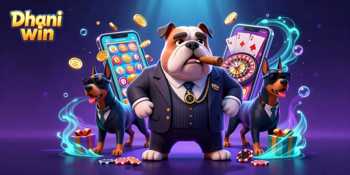 Dhani win gaming experience highlighting a mafia boss bulldog with gameplay elements illustrating exciting slots and rewards.