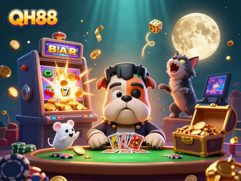 Experience the vibrant excitement of QH88 casino with a spooky cartoon scene featuring playful characters and jackpots.