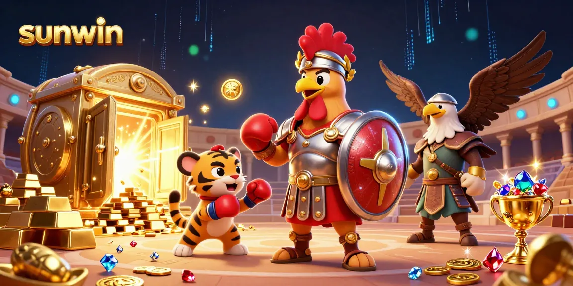 Experience the excitement of sunwin with a dynamic 3D illustration filled with treasures and lively characters.
