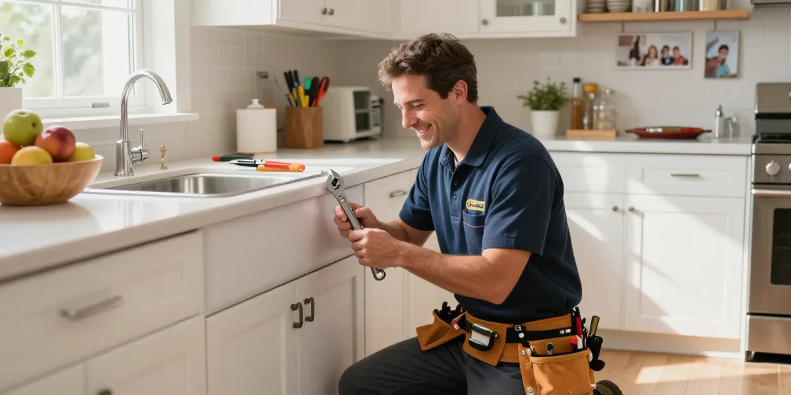 Friendly plumber Stevens Point WI fixing a kitchen sink in a warm family home.