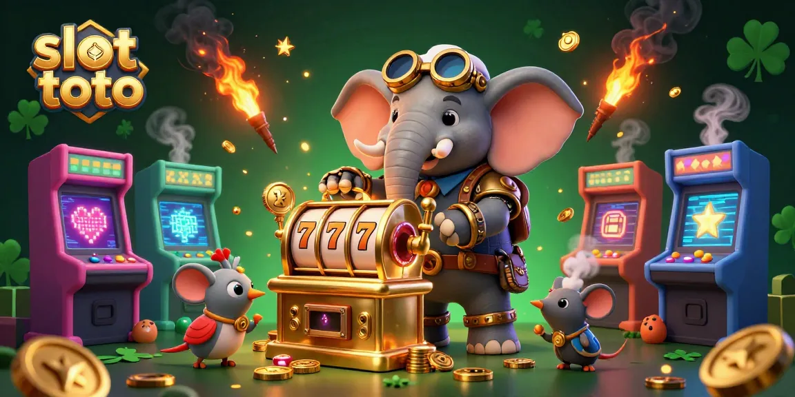 Engage with slot toto as a steampunk elephant operates a golden slot machine surrounded by vibrant gaming elements.