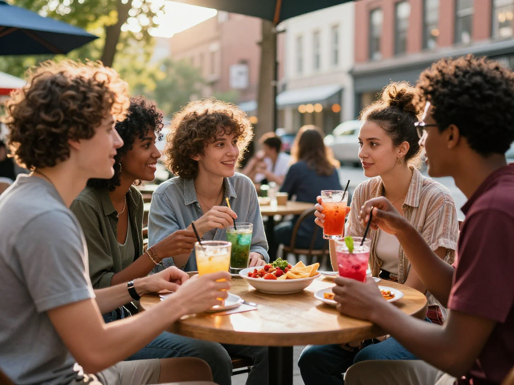 Friends enjoying a spicy chat at a vibrant café, sharing laughs and drinks in an urban setting.