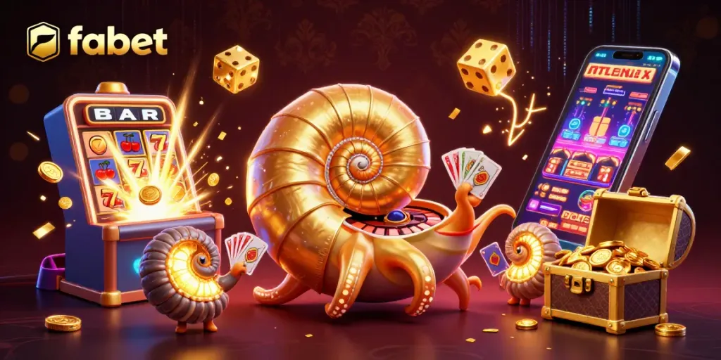 Win big at fabet with a vibrant 3D illustration of a nautilus and dynamic casino elements.