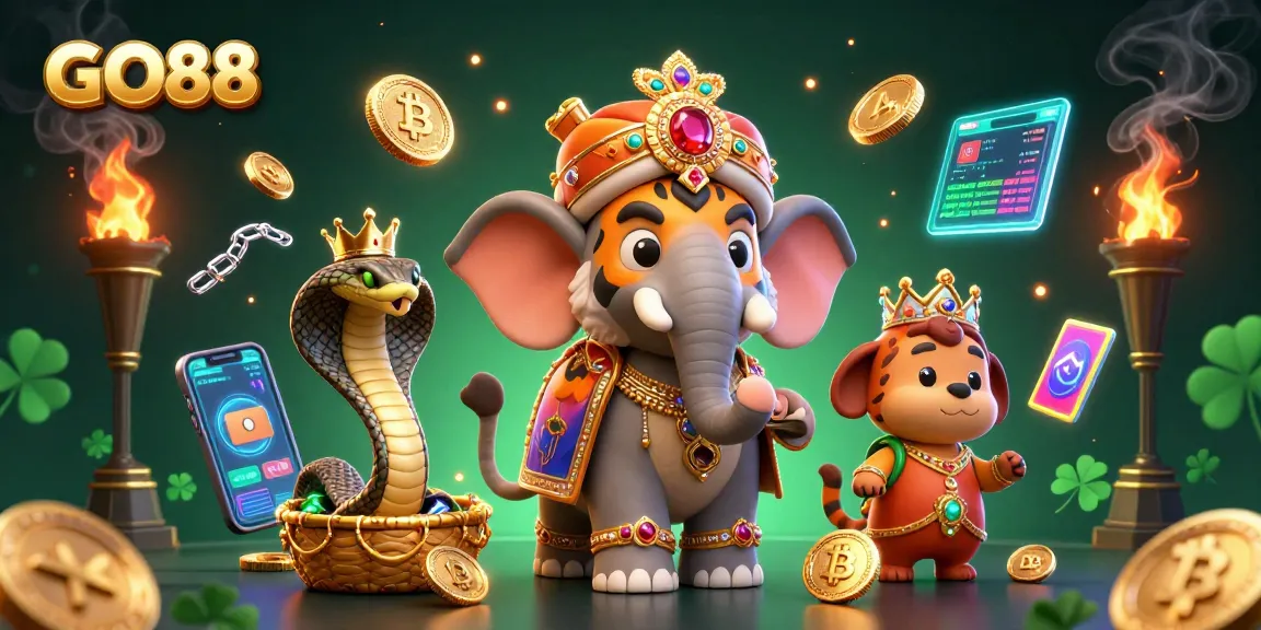 Engage with GO88’s vibrant 3D casino universe featuring a majestic maharaja tiger, elephant, and crypto elements.