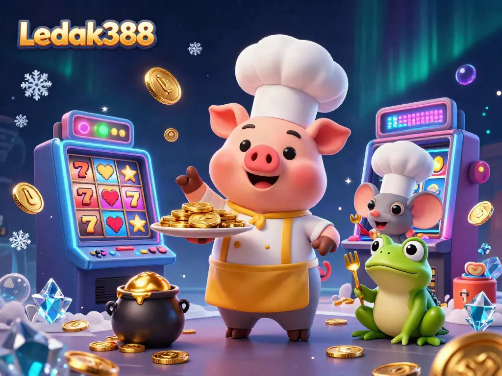Experience Ledak388’s dynamic gaming world with vibrant characters and slot machines.